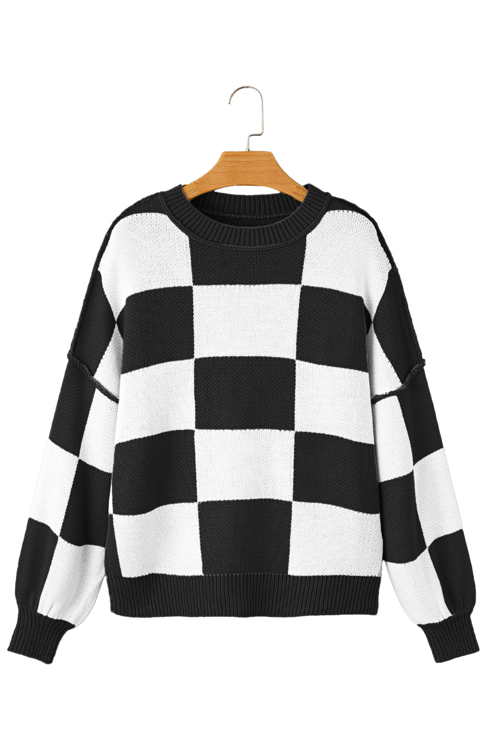 Khaki Checkered Bishop Sleeve Pullover Sweater