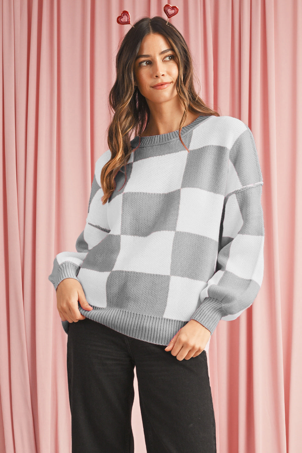 Khaki Checkered Bishop Sleeve Pullover Sweater