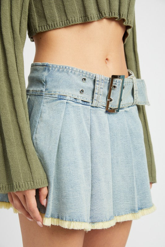 Pleated Denim Mini Skirt with Belt