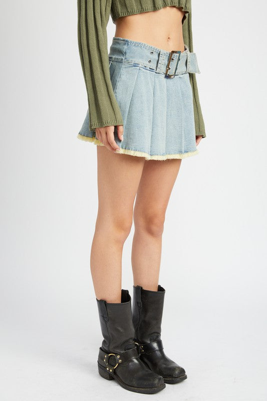 Pleated Denim Mini Skirt with Belt