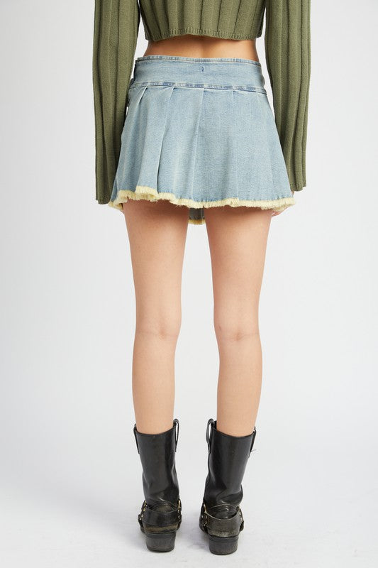 Pleated Denim Mini Skirt with Belt