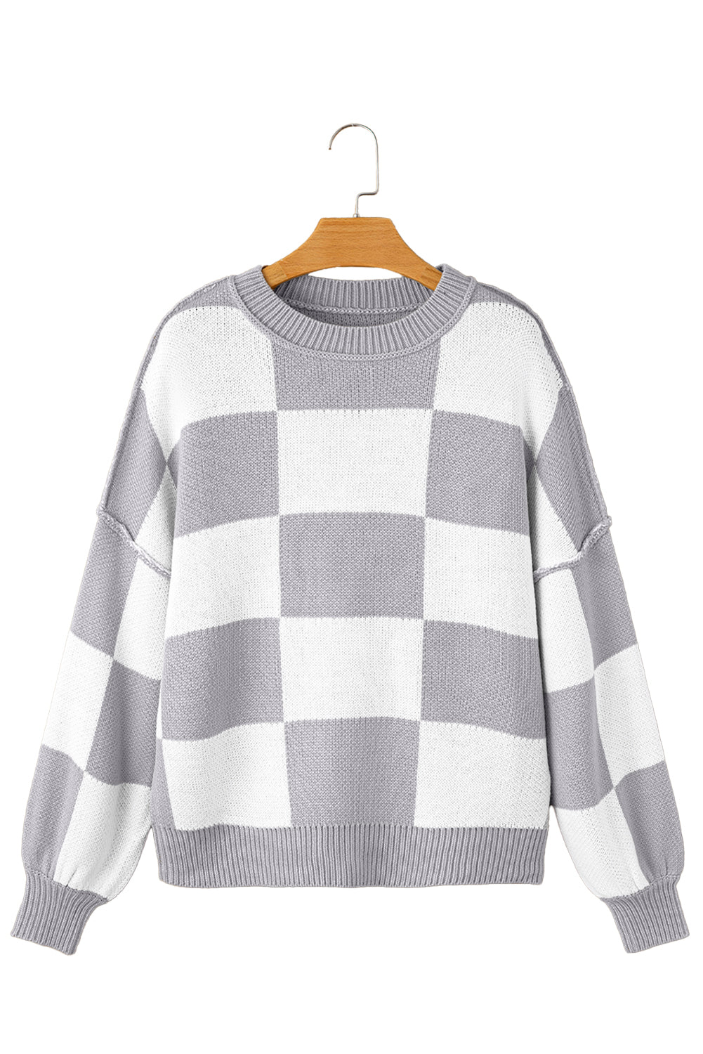 Khaki Checkered Bishop Sleeve Pullover Sweater