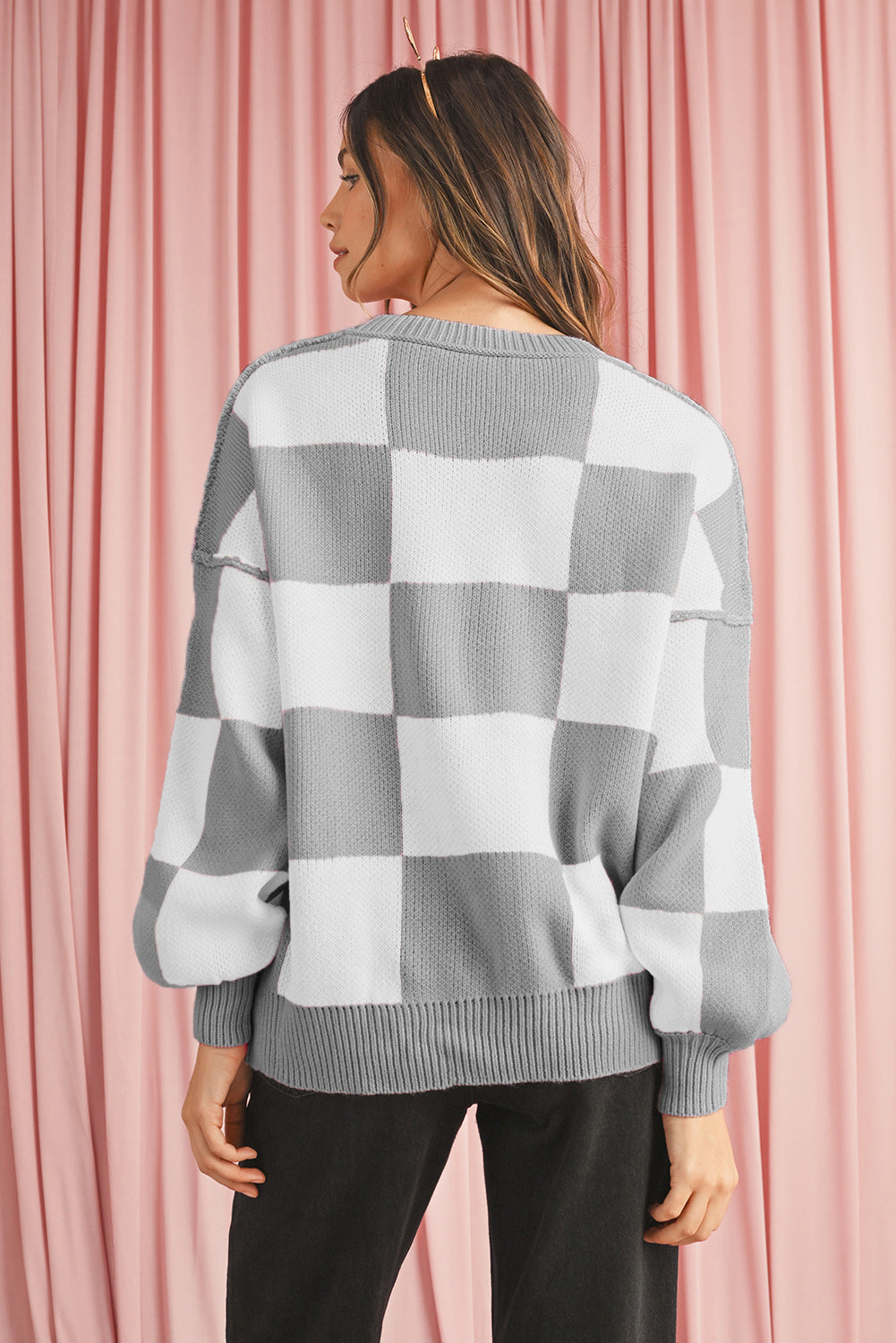 Khaki Checkered Bishop Sleeve Pullover Sweater