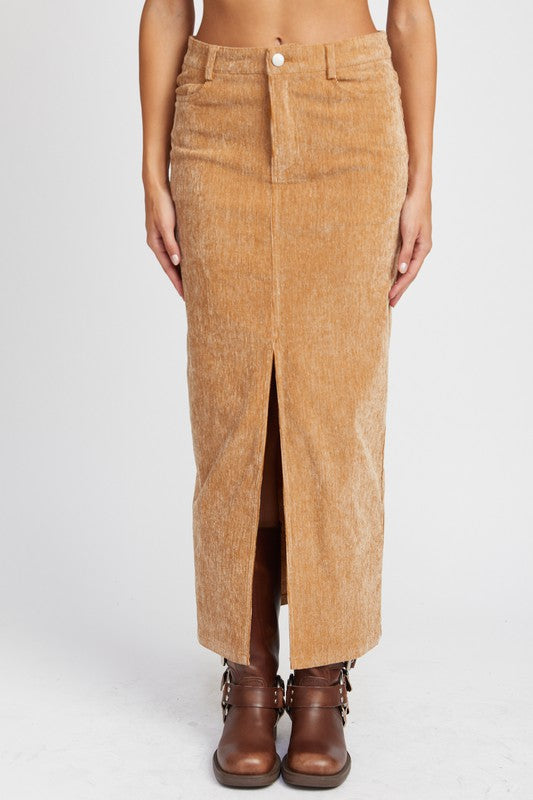 Corduroy Midi Skirt with Front Slit