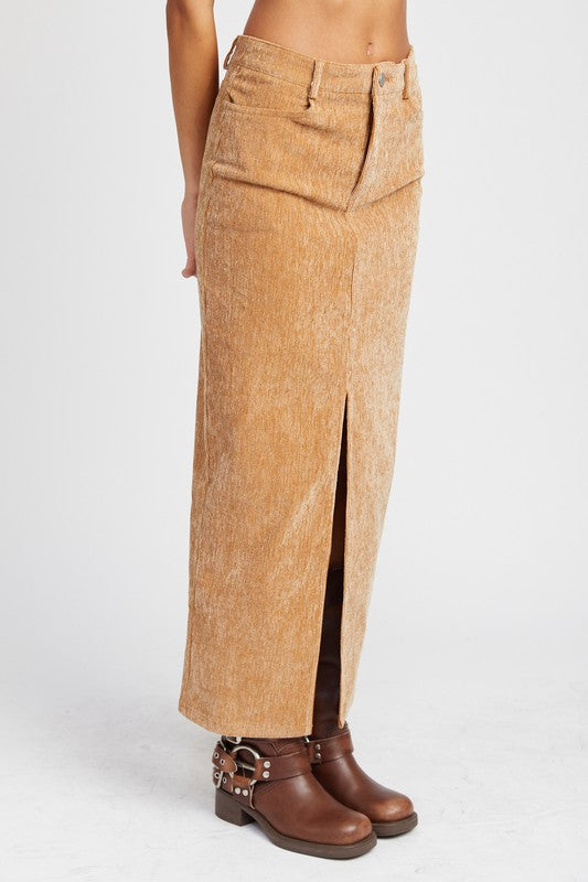Corduroy Midi Skirt with Front Slit