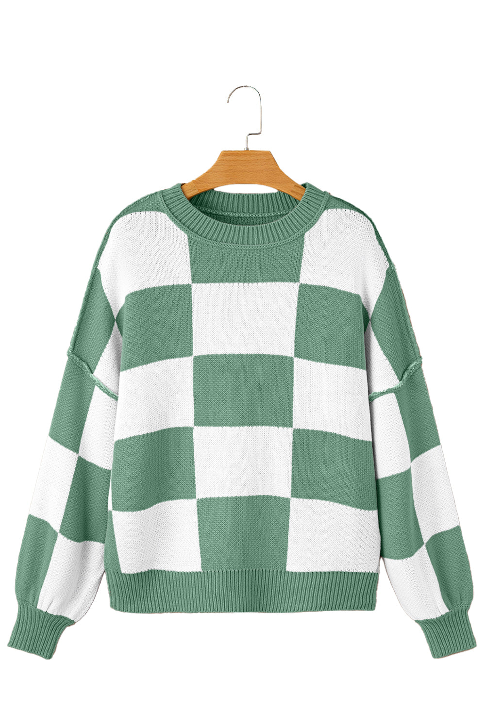 Khaki Checkered Bishop Sleeve Pullover Sweater