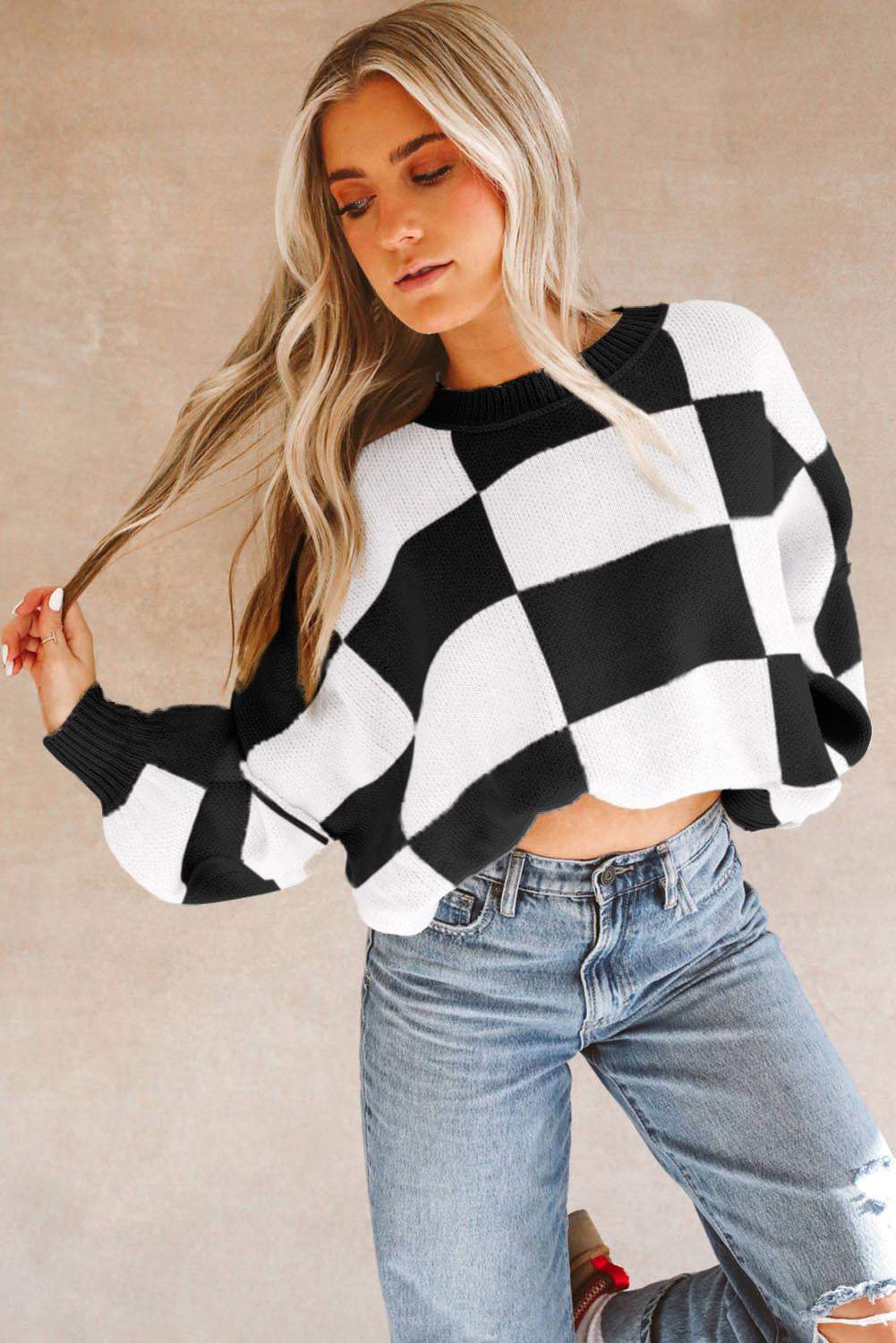 Khaki Checkered Bishop Sleeve Pullover Sweater