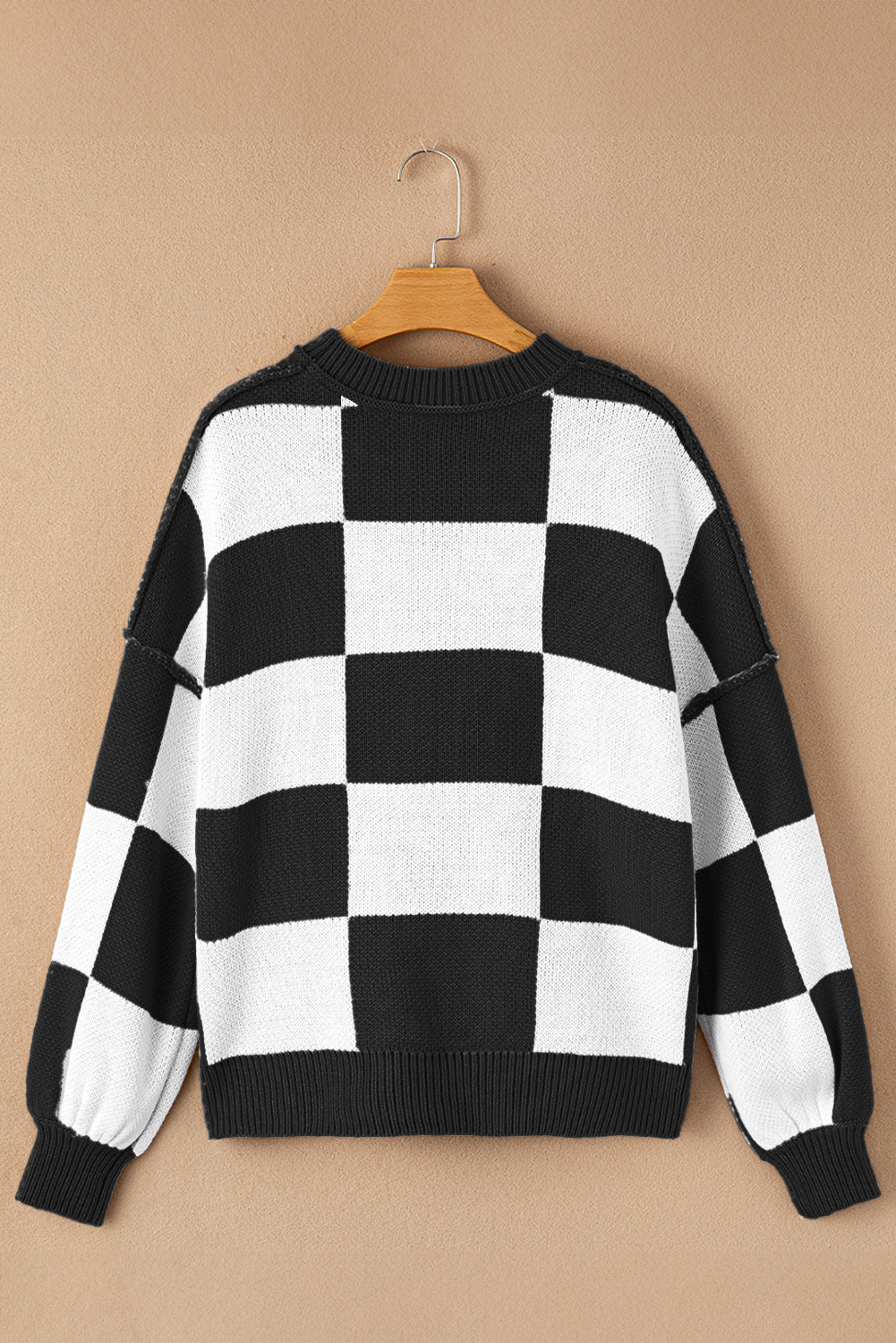 Khaki Checkered Bishop Sleeve Pullover Sweater