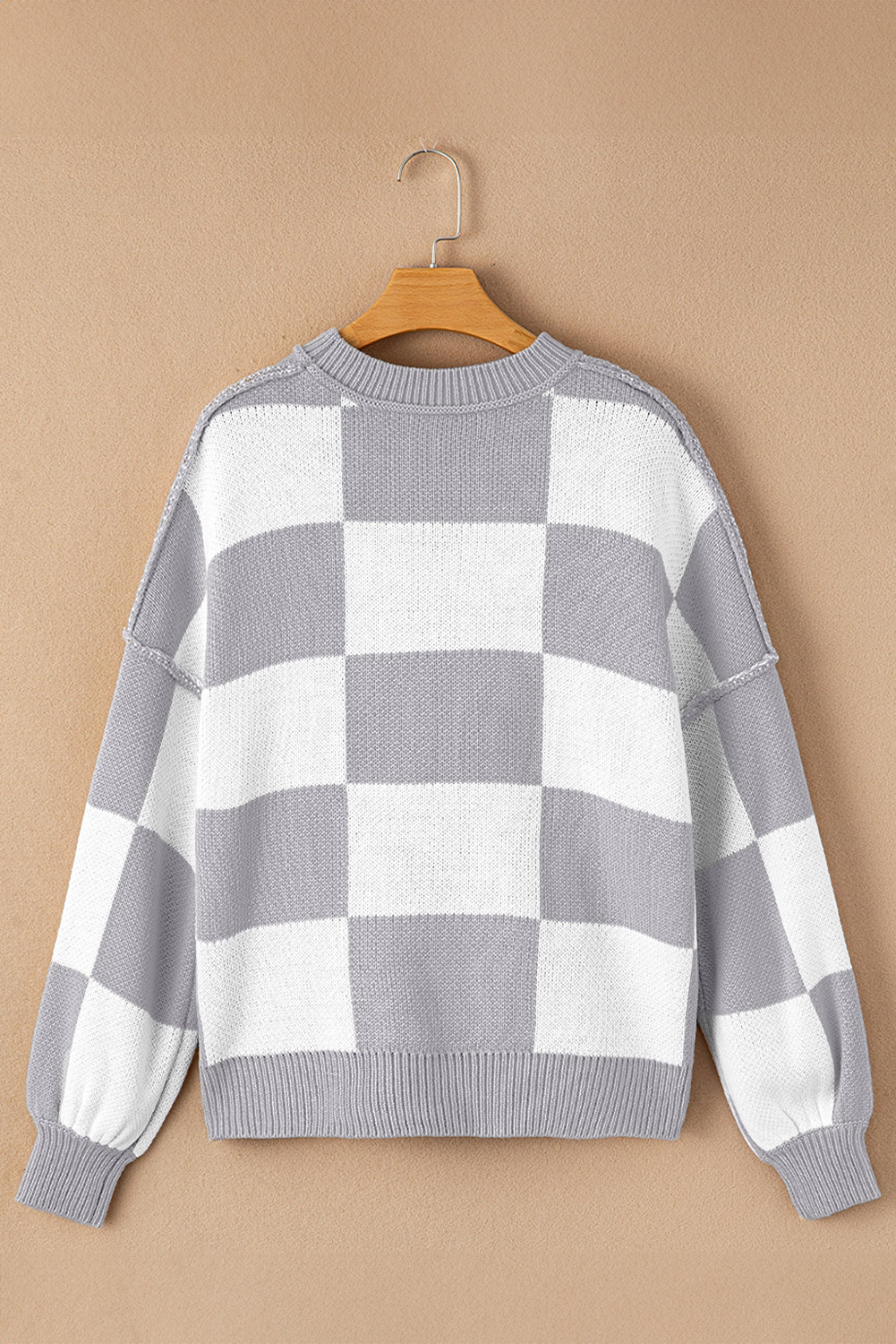 Khaki Checkered Bishop Sleeve Pullover Sweater