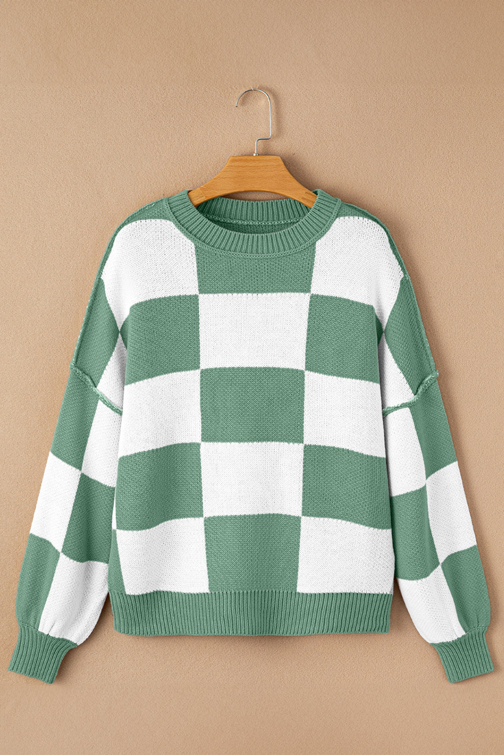 Khaki Checkered Bishop Sleeve Pullover Sweater