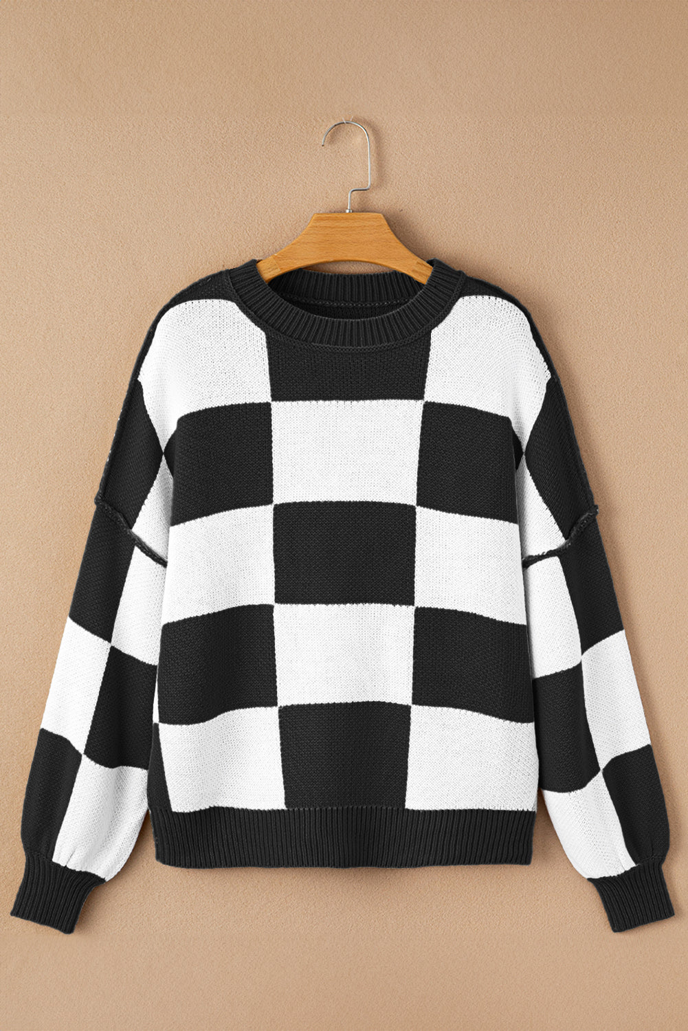 Khaki Checkered Bishop Sleeve Pullover Sweater
