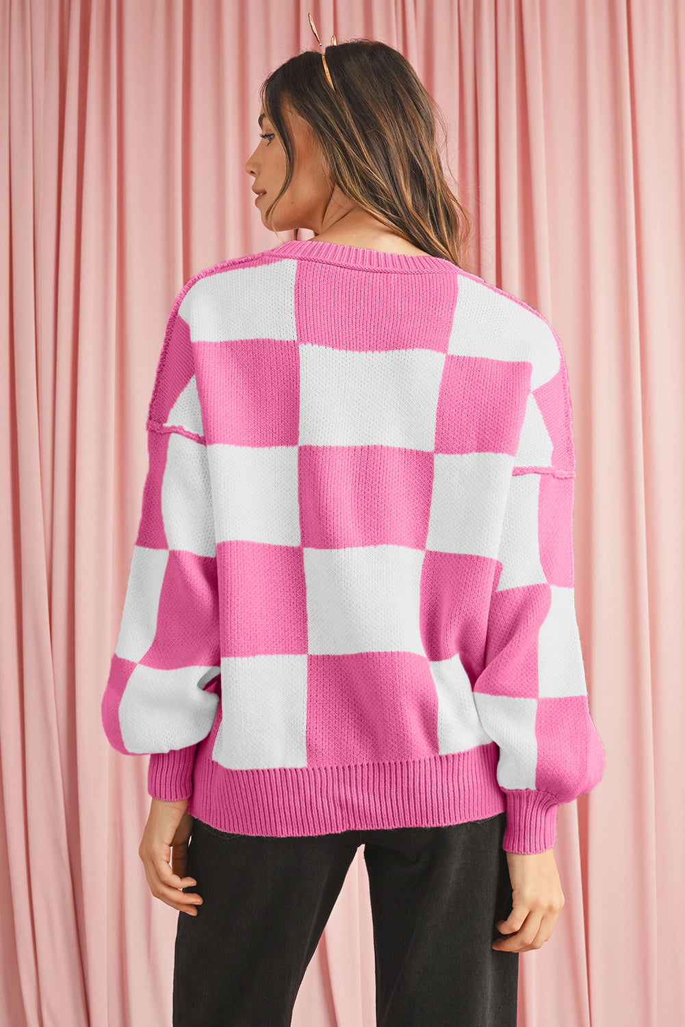 Khaki Checkered Bishop Sleeve Pullover Sweater