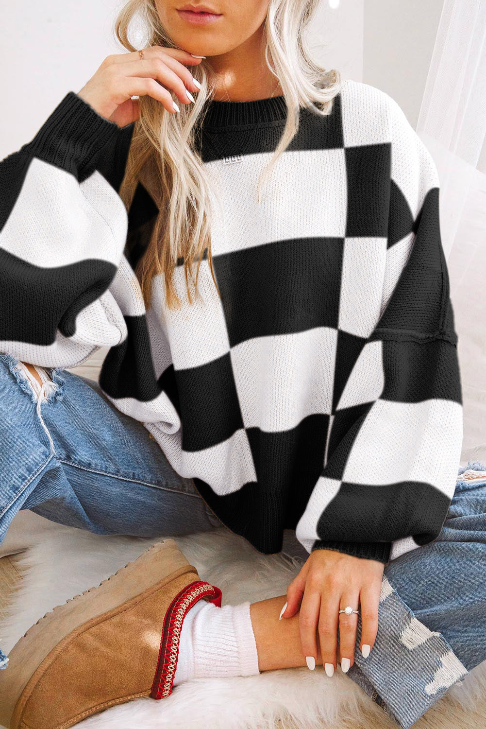 Khaki Checkered Bishop Sleeve Pullover Sweater