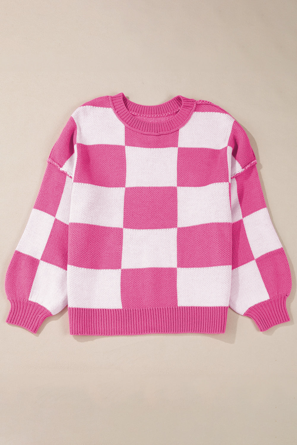 Khaki Checkered Bishop Sleeve Pullover Sweater