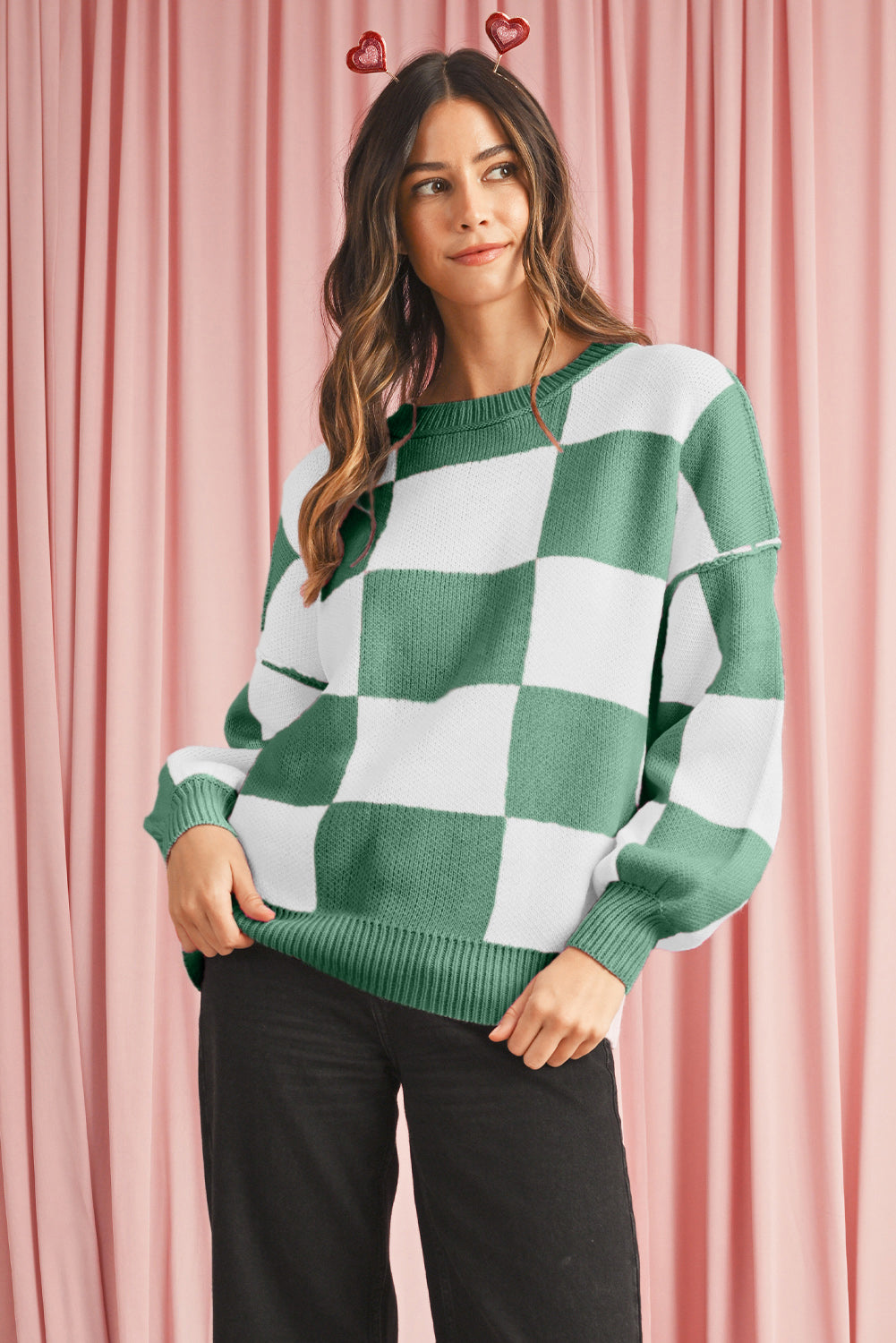 Khaki Checkered Bishop Sleeve Pullover Sweater