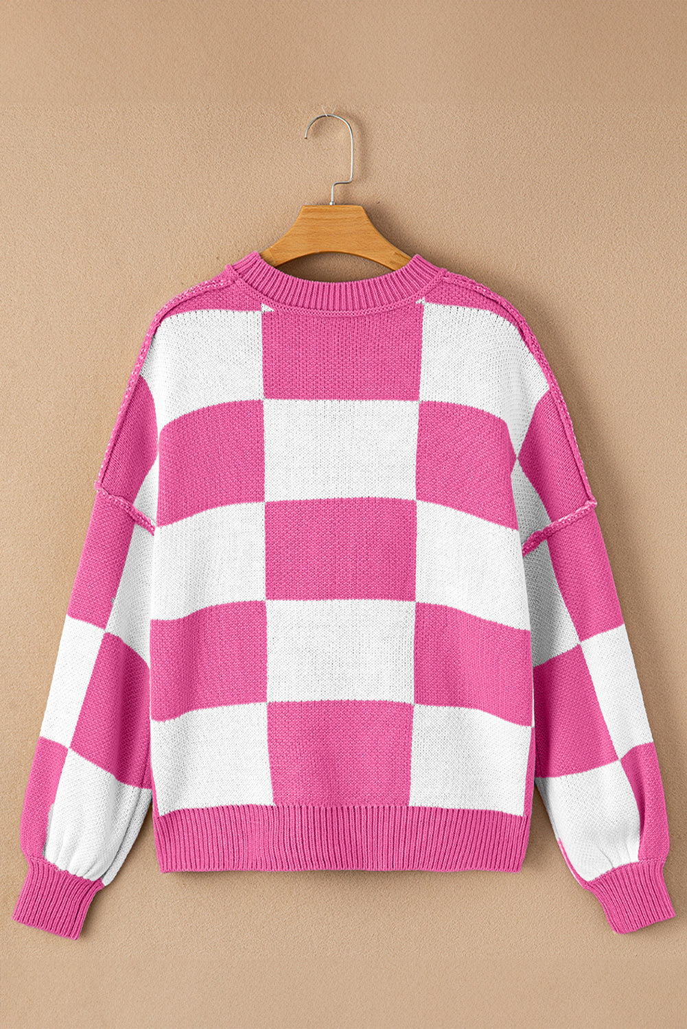 Khaki Checkered Bishop Sleeve Pullover Sweater