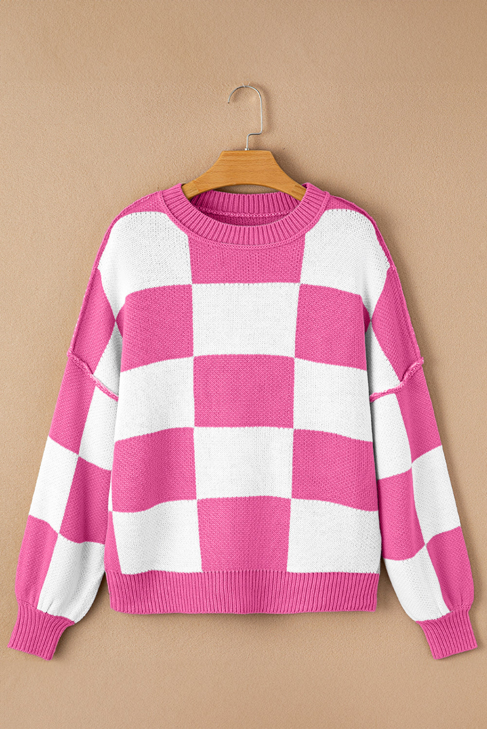 Khaki Checkered Bishop Sleeve Pullover Sweater