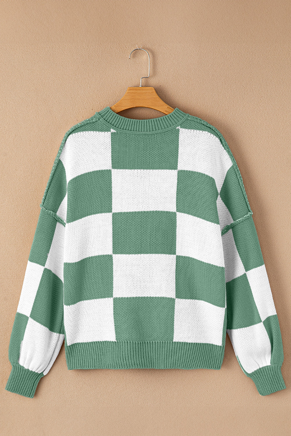 Khaki Checkered Bishop Sleeve Pullover Sweater