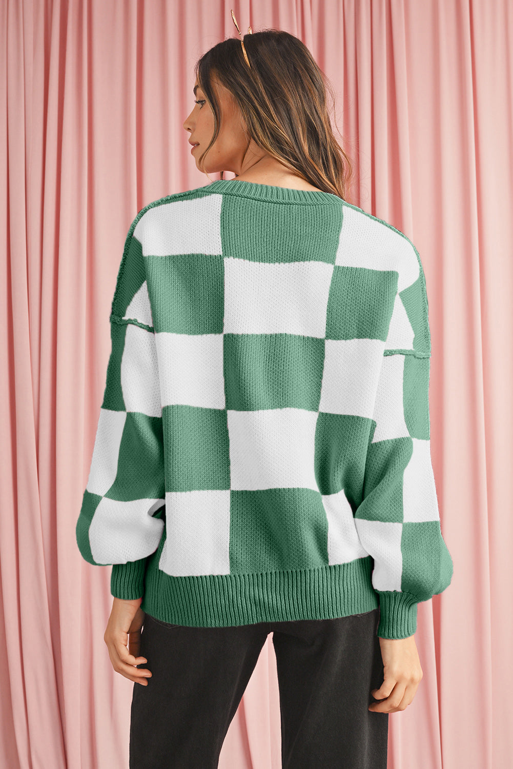 Khaki Checkered Bishop Sleeve Pullover Sweater