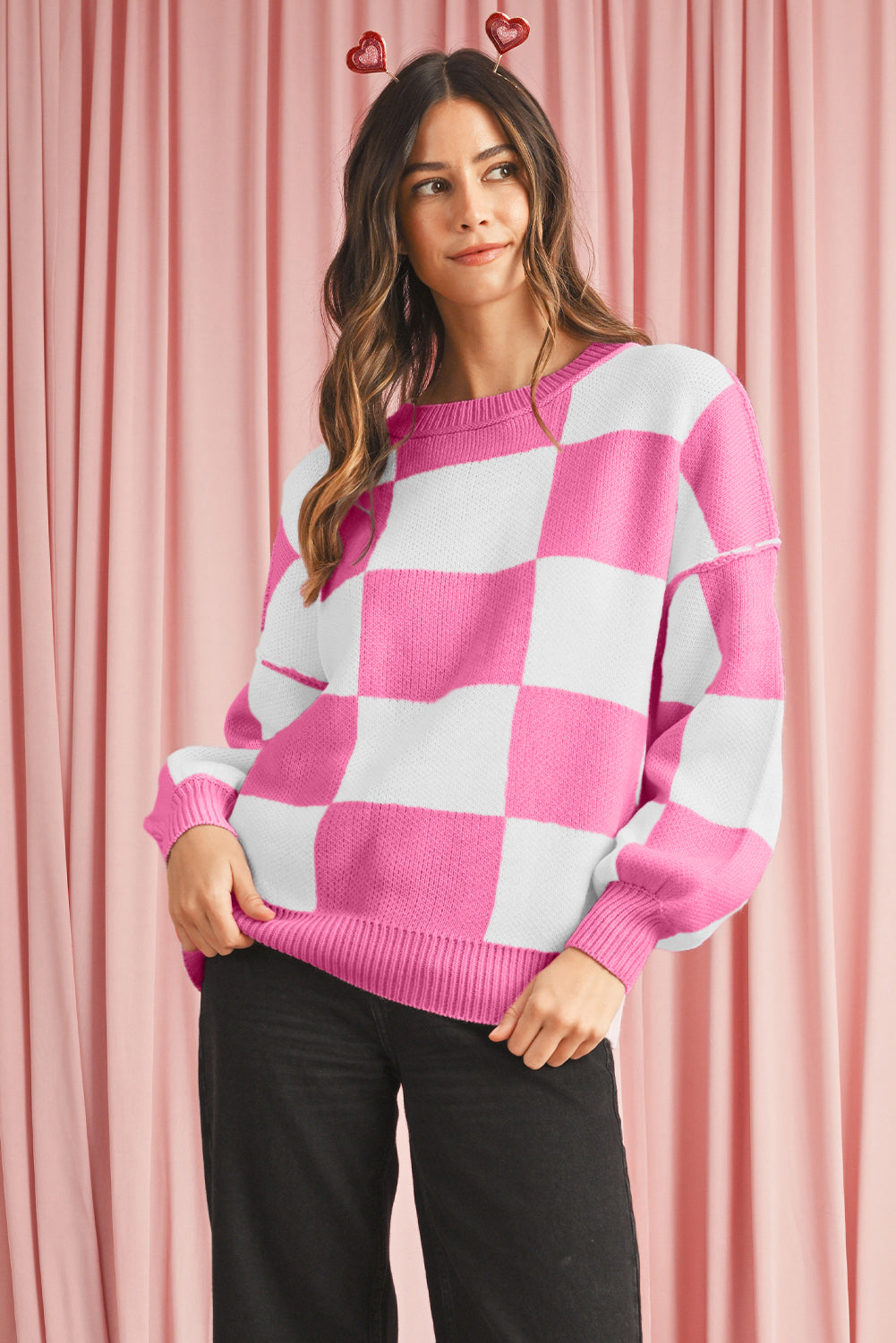 Khaki Checkered Bishop Sleeve Pullover Sweater