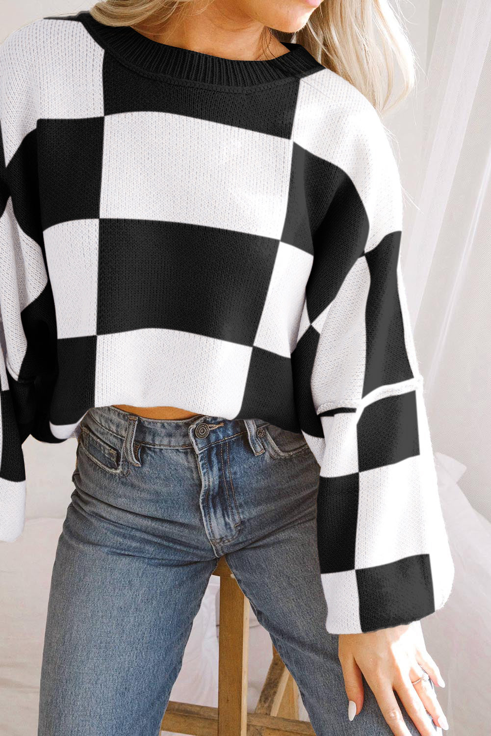 Khaki Checkered Bishop Sleeve Pullover Sweater