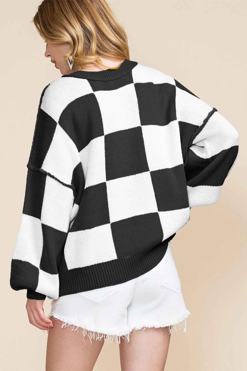 Khaki Checkered Bishop Sleeve Pullover Sweater