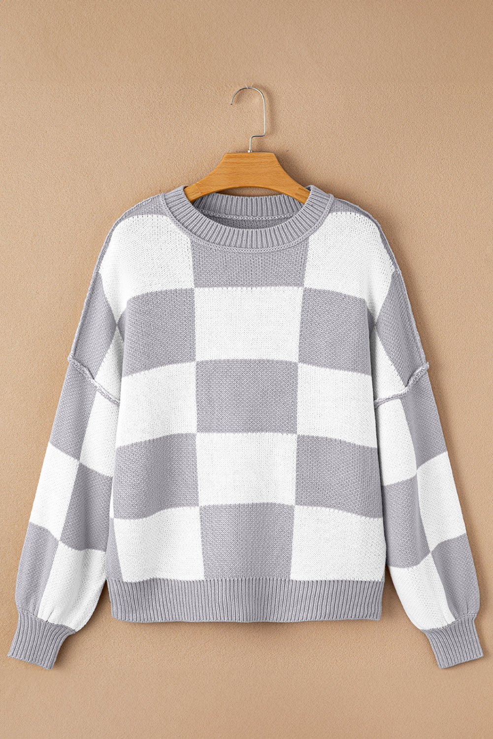 Khaki Checkered Bishop Sleeve Pullover Sweater