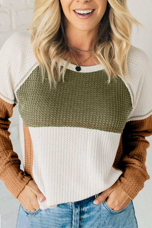 Green Waffle Knit Colorblock Patch Long Sleeve Top