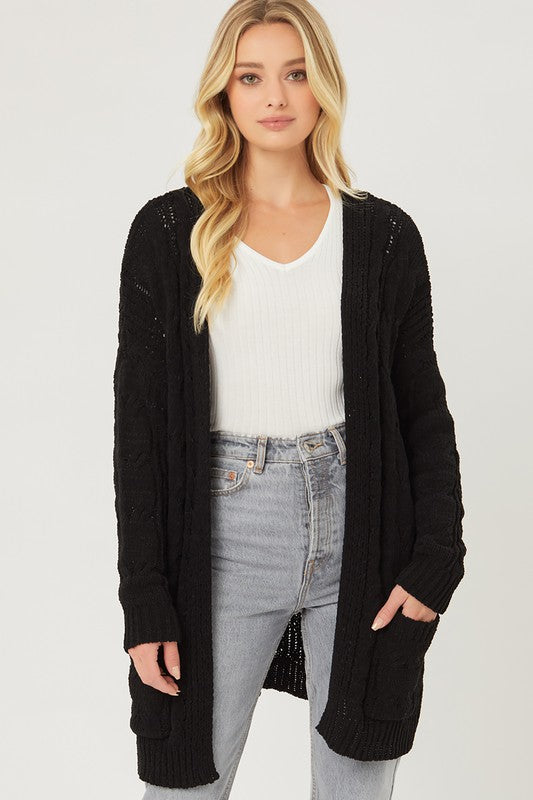 Chenille Cable Knit Oversized Open Front Cardigan