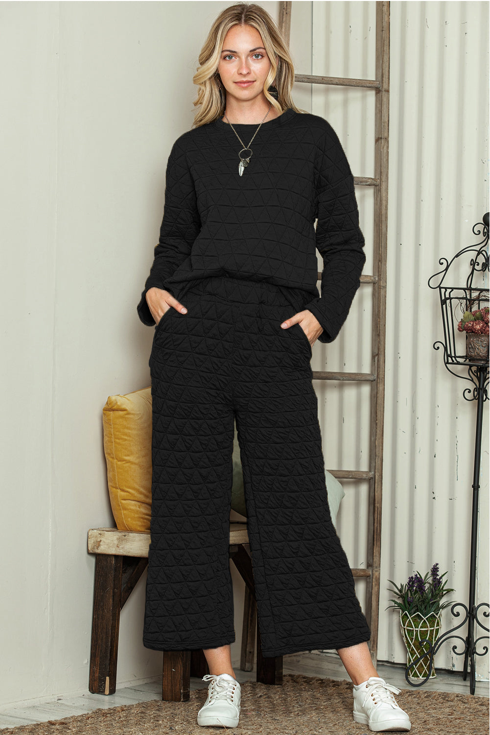 Dark Grey Solid Color Quilted Long Sleeve Top and Wide Leg Pants Set