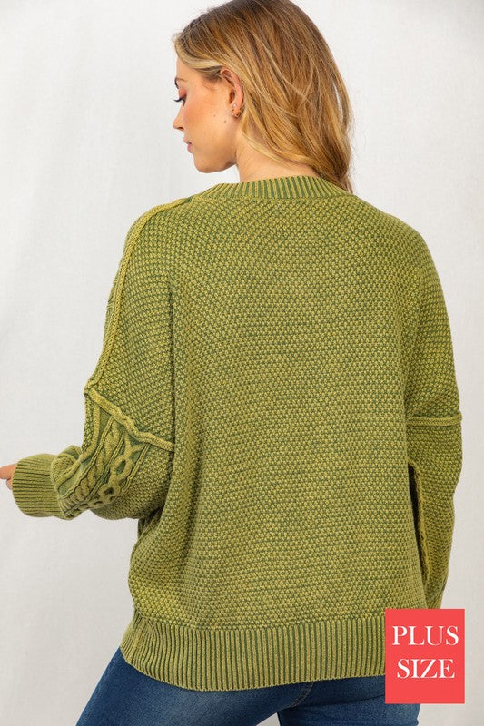 Plus Long Sleeve Mineral Washed Cable Sweater