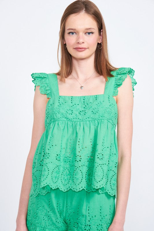 Ruffle Sleeve Eyelet Top