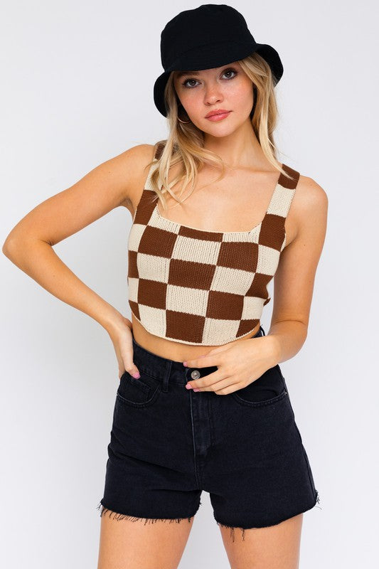 Lace Back Crochet Checkered Top