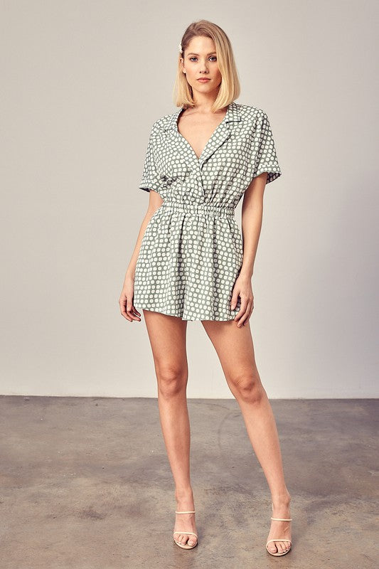 Collared Overlap Polka Dot Romper