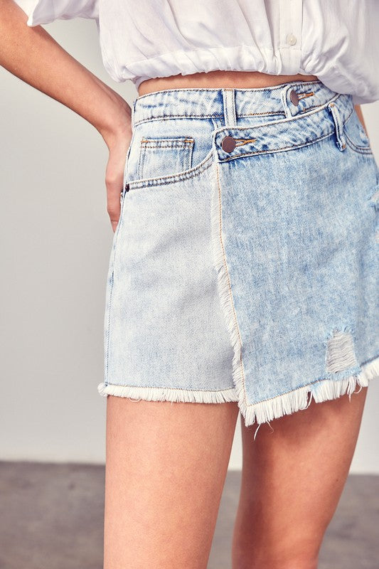 Distressed Cross Lap Denim Skort