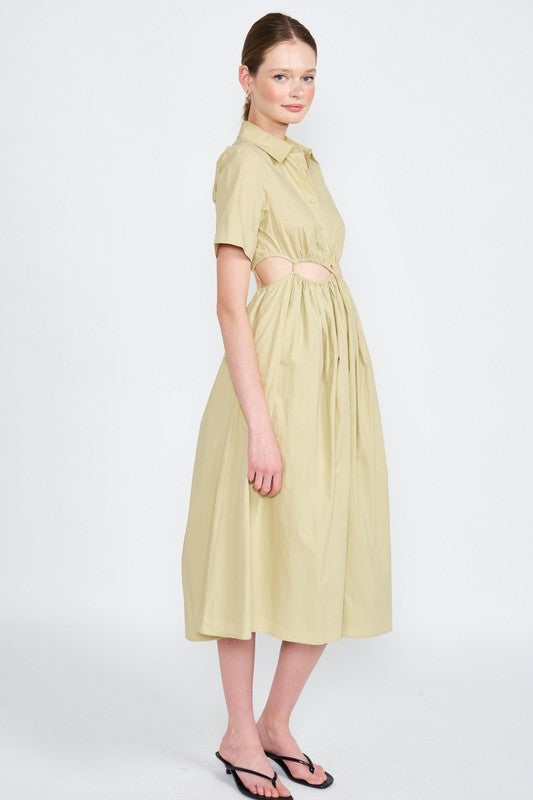 Button Front Collared Midi Dress with Waist Cut Outs