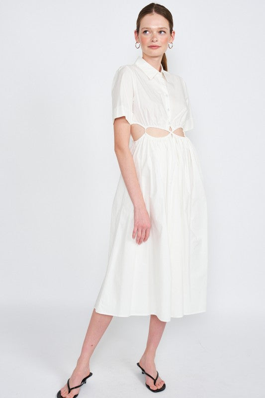 Button Front Collared Midi Dress with Waist Cut Outs