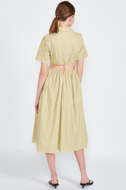 Button Front Collared Midi Dress with Waist Cut Outs