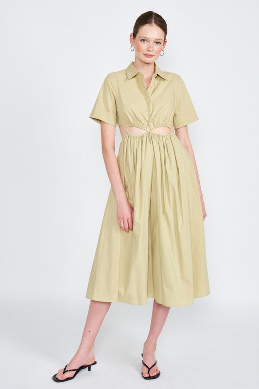 Button Front Collared Midi Dress with Waist Cut Outs