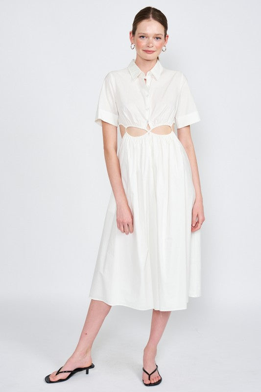 Button Front Collared Midi Dress with Waist Cut Outs