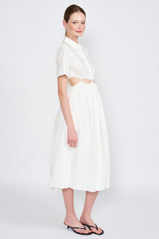 Button Front Collared Midi Dress with Waist Cut Outs