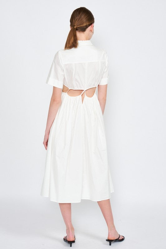 Button Front Collared Midi Dress with Waist Cut Outs