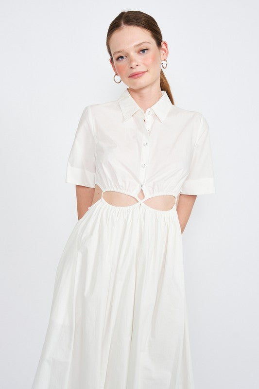 Button Front Collared Midi Dress with Waist Cut Outs