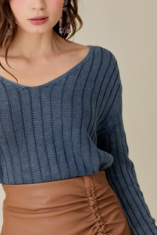 V-Neck Washed Crop Sweater