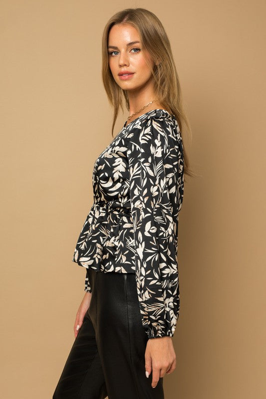 L/S Back Tie Peplum Floral Top