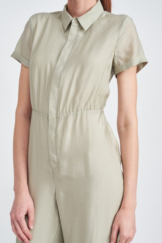 Short Sleeve Utility Jumpsuit with Open Back