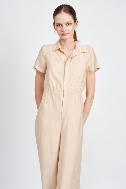 Short Sleeve Utility Jumpsuit with Open Back