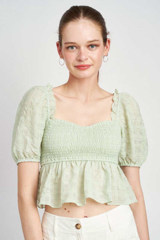 Smocked Babydoll Puff Sleeve Top