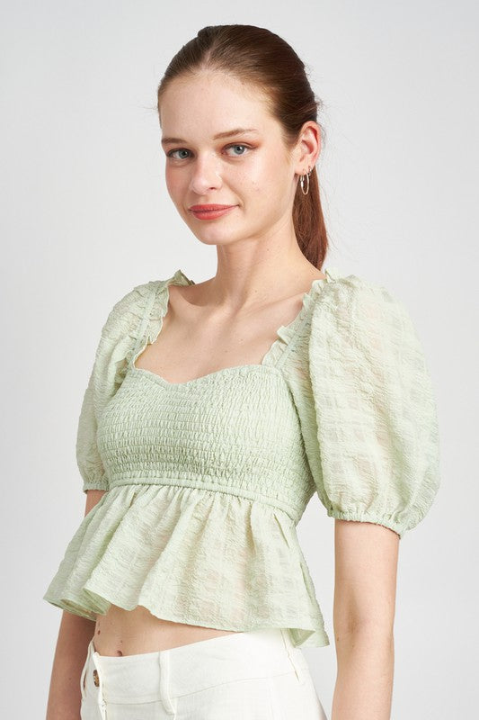 Smocked Babydoll Puff Sleeve Top