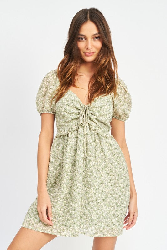 Floral Print Draw String Mini Dress